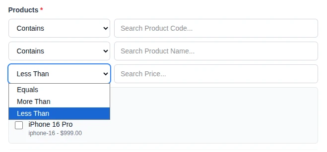Single Item Selection with Numeric Operator Dropdown