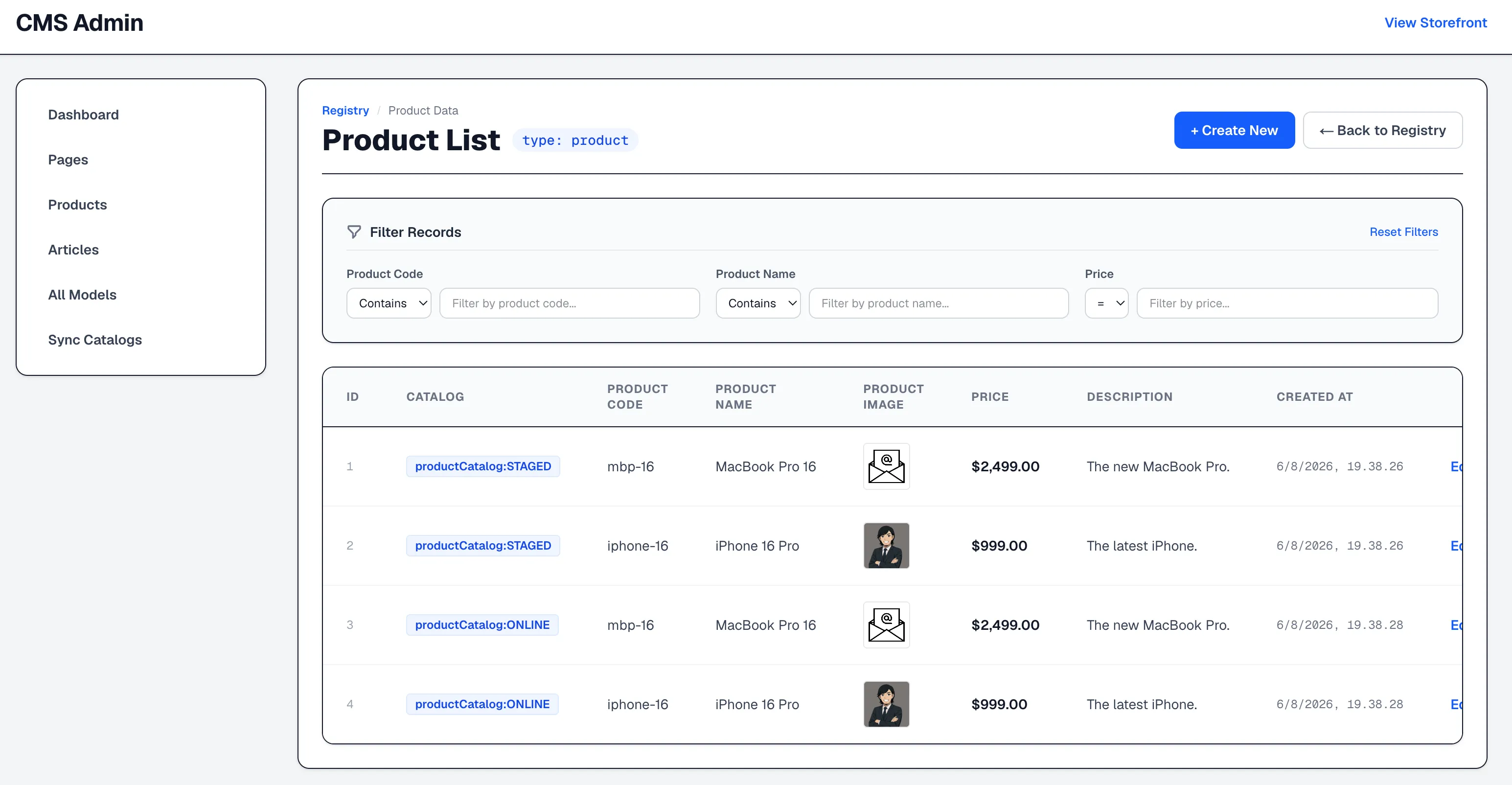 Product Data Table