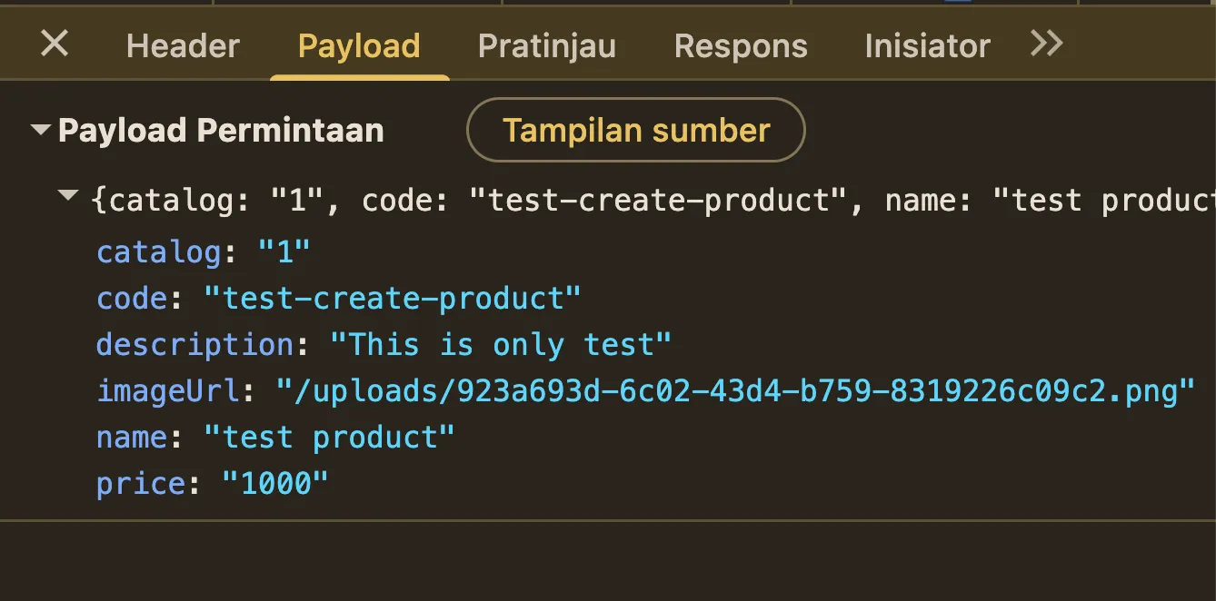 Network Request Payload for Product Creation