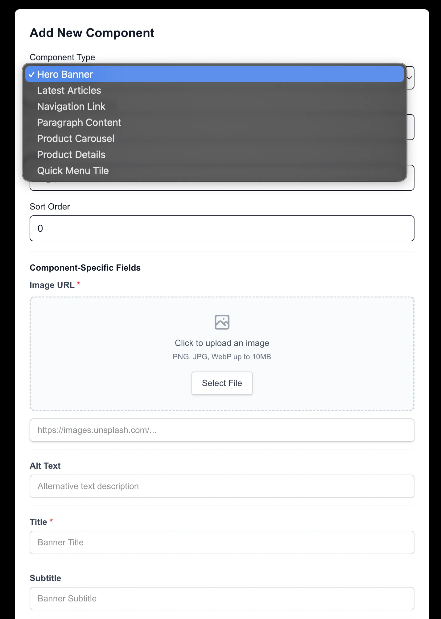 Add New Component Banner Pop Up