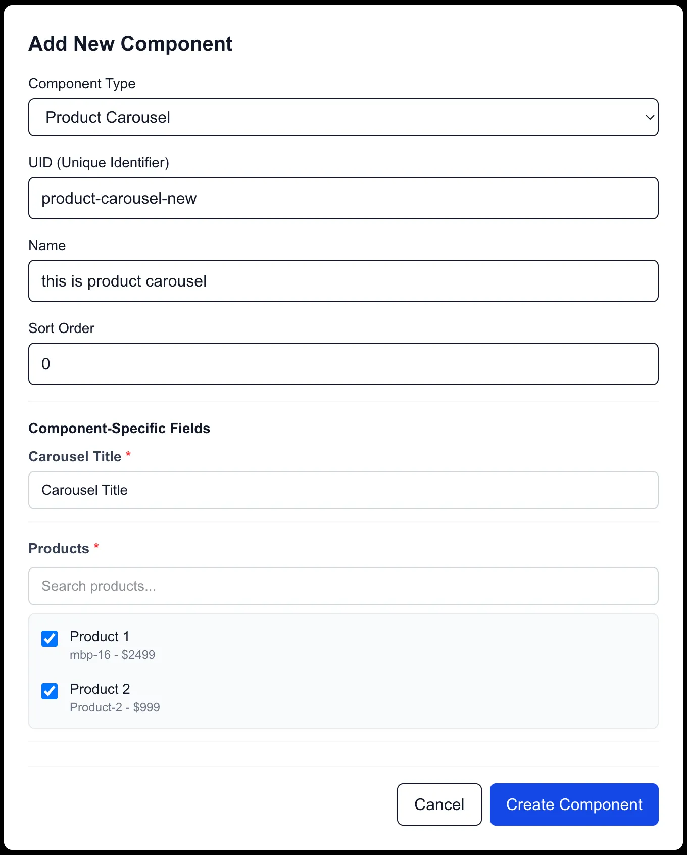 Add New Component Product Carousel