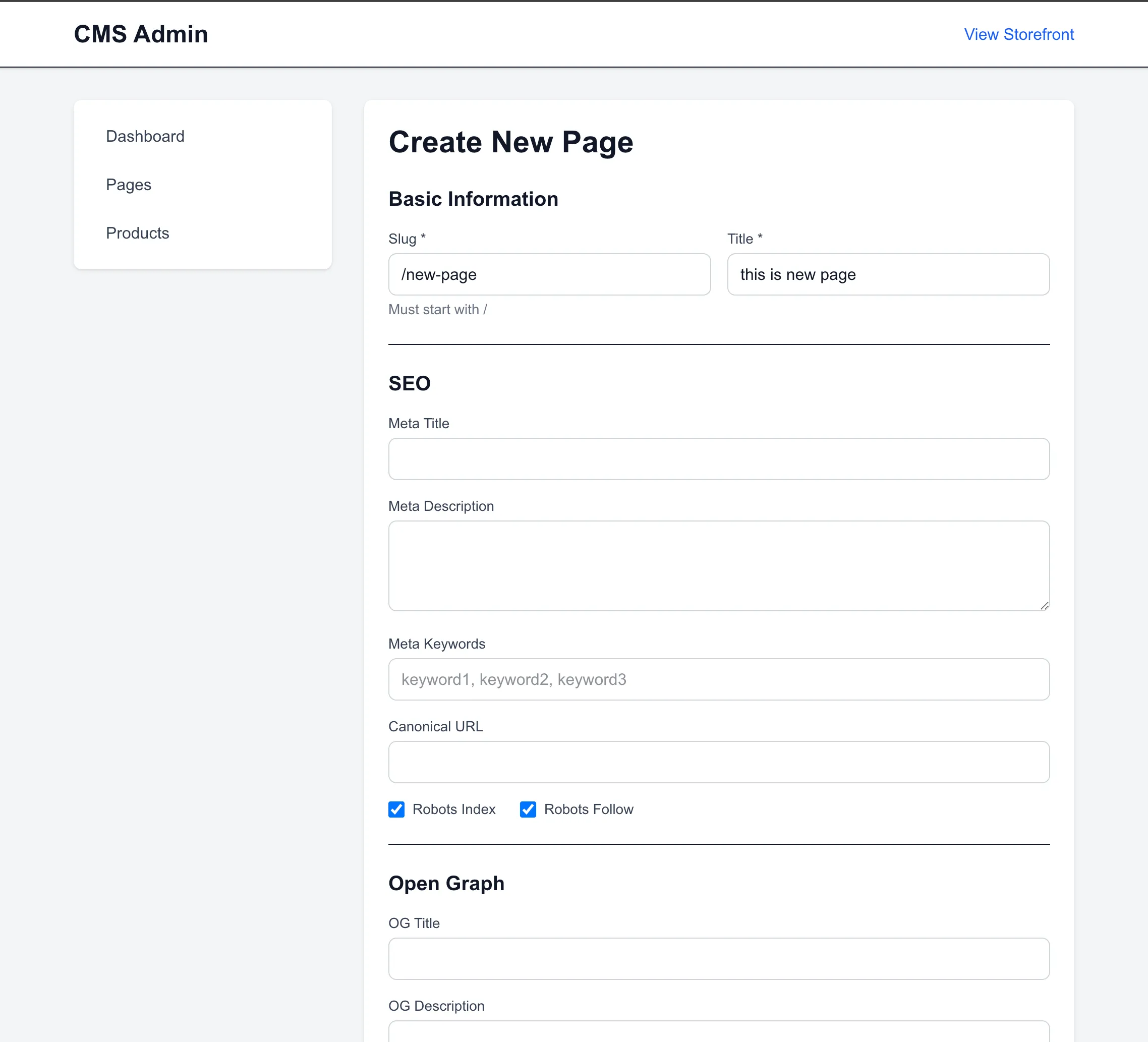 Create New Page Form