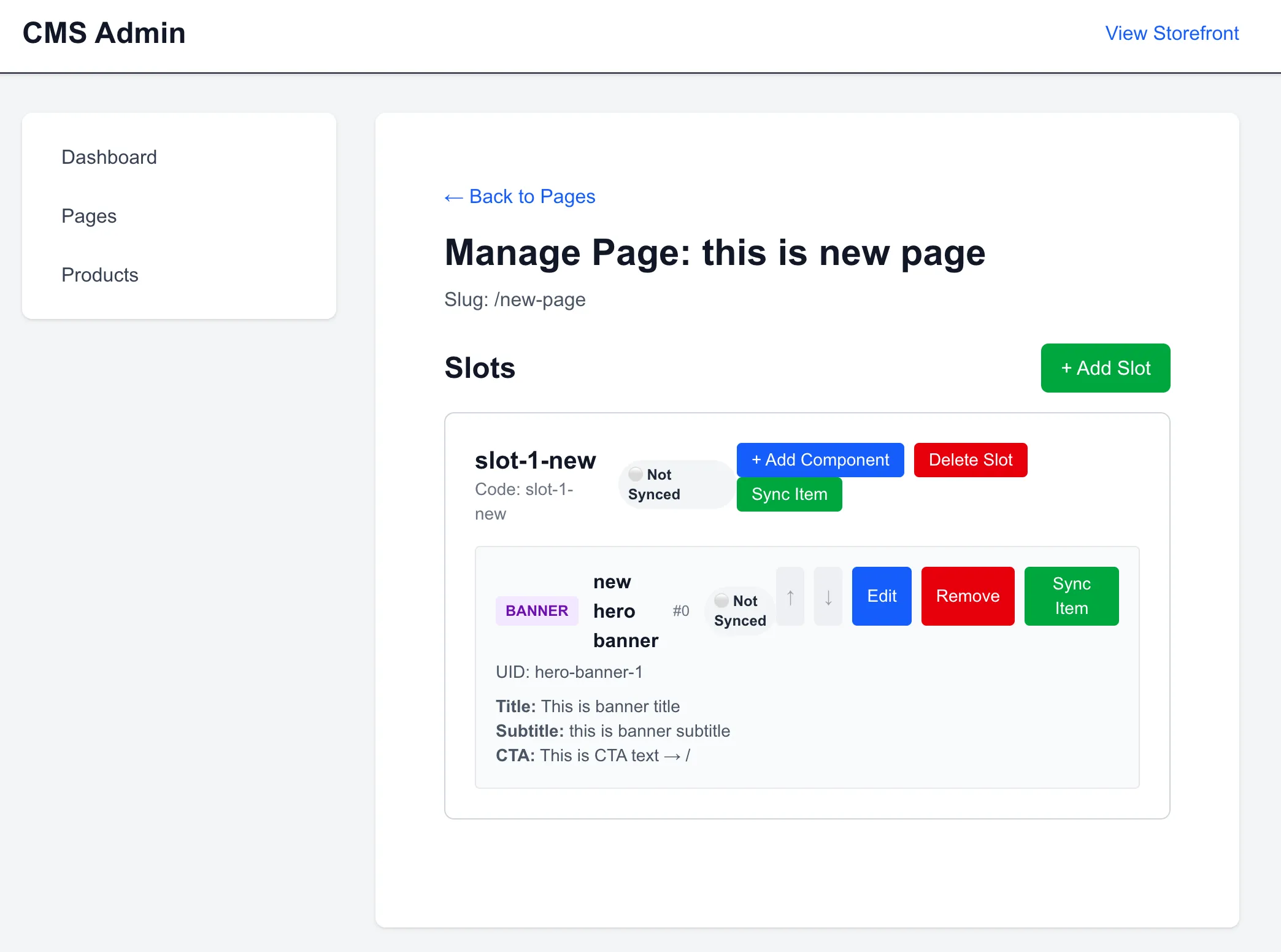 Manage Page Slot 1 Filled
