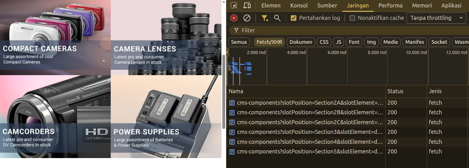 Chrome network tab, showing multiple fetch to /cms-components